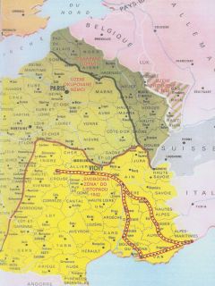 Mapa s vyznaenm trs sahovania Domova z Vence do hr na stredn Franczsko. Na mape je vyznaen aj rozdelenie zemia po porke Franczska na jednotliv zny.